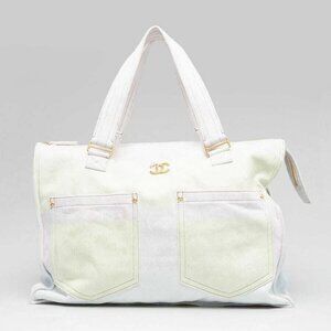 Chanel Light Pink/Yellow/Blue Printed Denim Large Shopping Tote Bag